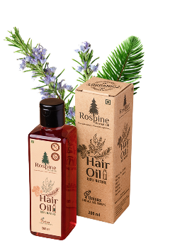 ROSPINE Herbal Hair Oil with natural packaging and green leaves